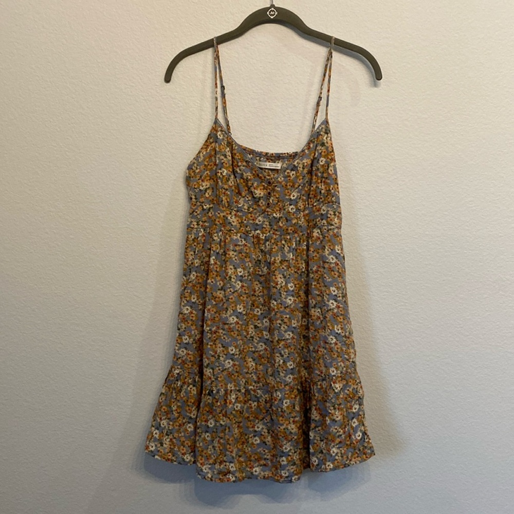 BECOOL Baby Doll Ditsy Floral Print Blue and Yellow Tiered Lined Mini Dress